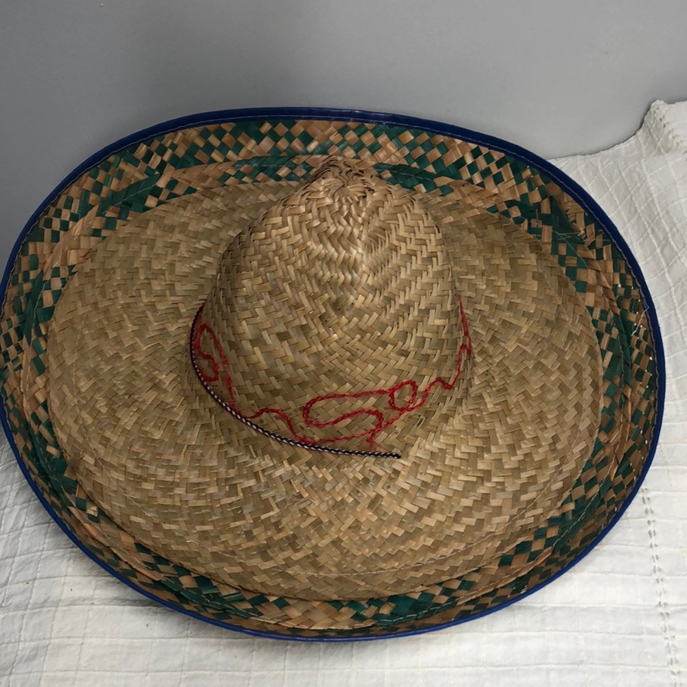 Oversized Straw Mexican Sombrero Hat with Strap Made in Mexico Like New